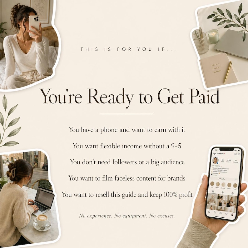 May include: A promotional image with text that reads "You're Ready to Get Paid." The image includes a person holding a phone, a laptop, and other lifestyle elements. The text highlights earning income with a phone, flexible income, and reselling a guide.