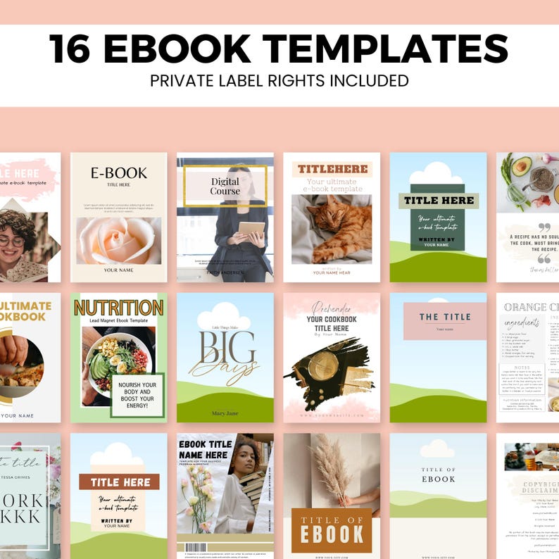 May include: A collection of 16 ebook templates featuring diverse layouts, photography, and typography. The text 16 EBOOK TEMPLATES PRIVATE LABEL RIGHTS INCLUDED is displayed at the top. Each template includes placeholders for titles, author names, and imagery.