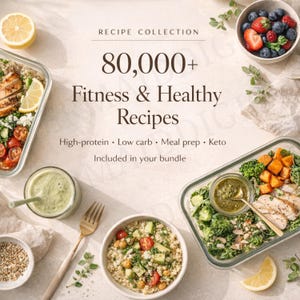 May include: An overhead shot showcases a collection of healthy meal prep options. The image features glass containers filled with salads, chicken, and vegetables, alongside bowls of berries and grains. Text reads "Recipe Collection" and "80,000+ Fitness & Healthy Recipes."