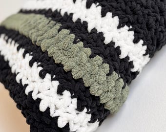 Chunky Crochet Blanket - Black, Cream & Sage Green Throw | 64" x 56" Handmade Half Double Crochet Blanket | Cozy Breathable Sofa Throw