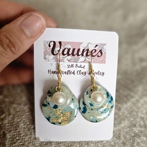 Round Marbled Teal Earrings with gold and pearl