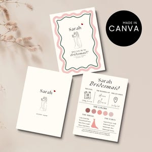 Maid Of Honor Card Hand Drawn, Bridesmaid Information Card Canva Template, Will You Be My Bridesmaid, Bridesmaid Proposal Invite Editable
