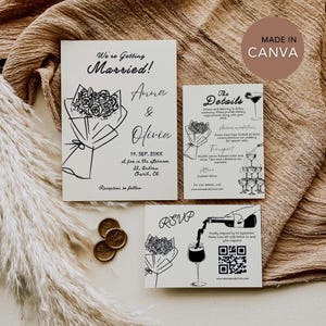Suite de faire-part de mariage dessiné à la main, modèle d'invitation de mariage modifiable fantaisiste, carte de détails de mariage floral manuscrite, téléchargement immédiat