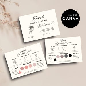 Modelo de cartão de informações para madrinha de casamento, flor desenhada à mão, modelo editável, convite de casamento "Você será minha madrinha"