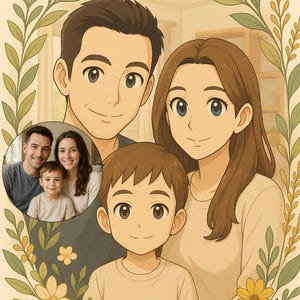 Anime Family Portrait - Custom Digital Art from Photo | Personalized Printable Gift | AI Botanical Illustration