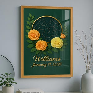 Carte étoilée florale personnalisée avec nom et date - oeuvre d'art murale constellation personnalisée - cadeau d'anniversaire, de mariage ou de famille - encadrée ou imprimée