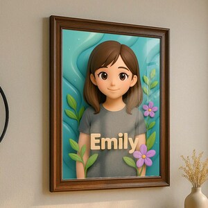 Avatar 3D personalizzato con sfondo floreale – Regalo da parete con nome personalizzato / Ritratto incorniciato o su tela per famiglia o coppia