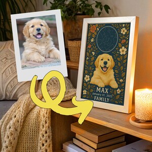 Portrait d'animal de compagnie personnalisé avec carte des étoiles et plantes - oeuvre d'art personnalisée pour chien ou chat, cadeau commémoratif, décoration murale pour amoureux des animaux de compagnie, impression personnalisée d'animal de compagnie