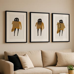 Moderne abstrakte figurative druckbare Wandkunst im Set mit 3 schrulligen minimalistischen Zeichenillustrationen für die Wohnzimmerdekoration als digitaler Download