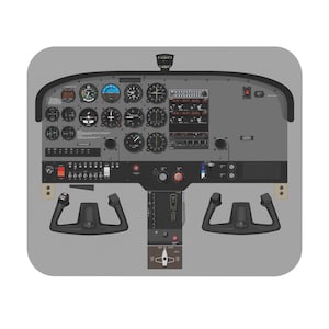 May include: A detailed illustration of an aircraft cockpit, featuring a gray dashboard with numerous gauges, dials, and switches. The panel includes a variety of instruments, control yokes, and a central console. The background is a light gray.