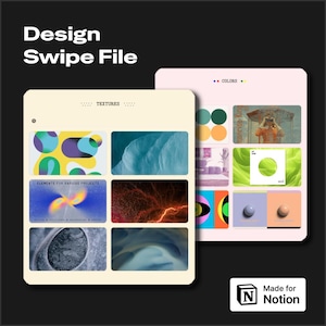 Puede incluir: Dos tabletas digitales que muestran elementos de diseño. Una tableta muestra texturas, la otra colores. La primera tableta tiene un fondo beige con diseños abstractos coloridos. La segunda tableta tiene un fondo rosa con paletas de colores e imágenes. El texto dice "Design Swipe File" y "Made for Notion."