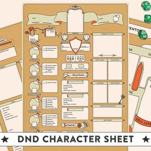 May include: A tan Dungeons and Dragons character sheet with various sections for stats, spells, and weapons. The sheet includes the text "DND CHARACTER SHEET" at the bottom and is accompanied by green dice.