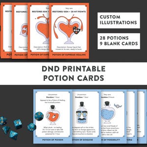 May include: A collection of DND printable potion cards with custom illustrations. The cards feature various potion designs in orange and blue, with text descriptions. The image also includes dice and the text "28 POTIONS 9 BLANK CARDS."