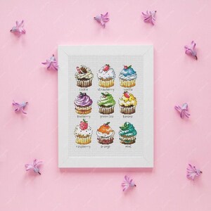 Può includere: Un ricamo a punto croce incorniciato con nove cupcake colorati con vari condimenti e gusti, tra cui biscotti, fragola e mirtillo. I cupcake sono disposti a griglia, circondati da fiori rosa su sfondo rosa.