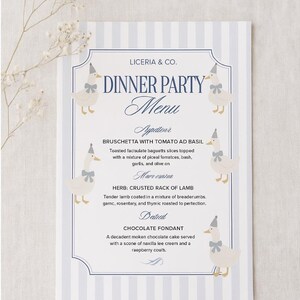 Szablon menu na przyjęcie z gęsią kolacją – niebieskie paski, eleganckie, do wydrukowania na baby shower, urodziny lub specjalne wydarzenia