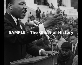 Op de afbeelding: Zwart-witfoto van een man die spreekt bij een katheder met microfoons. De tekst "SAMPLE - The Ghost of History" is zichtbaar. Op de achtergrond is een menigte mensen te zien.