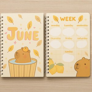 Cute minimalistic weekly planner template with a capybara and orange theme. Includes an additional notes page at the end.