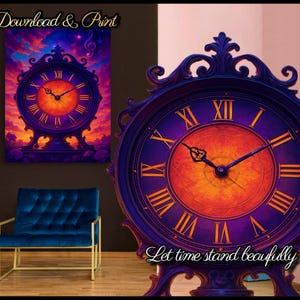 Könnte beinhalten: Eine große, verzierte Uhr mit einem lila Rahmen und einem leuchtend orangefarbenen und gelben Zifferblatt. Römische Ziffern markieren die Stunden. Die Uhr ist vor einem dunklen Hintergrund platziert, mit dem Text "Let time stand beautifully" unten. Ein kleinerer Druck der Uhr befindet sich an der Wand.