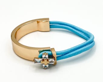 Colgante de cruz de Swarovski con crucifijo, medalla de metal, pulsera de goma ajustable, regalo católico de confirmación para niñas, mujeres y abuelas.