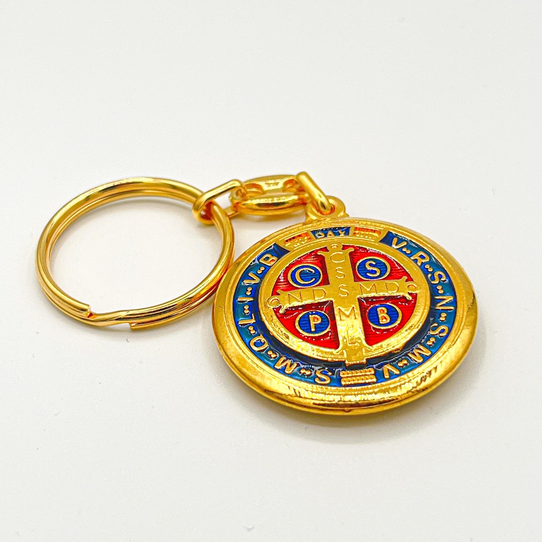 St. Benedict Medal Pendant Keychain Gold 35mm Round Saint Benedict ...