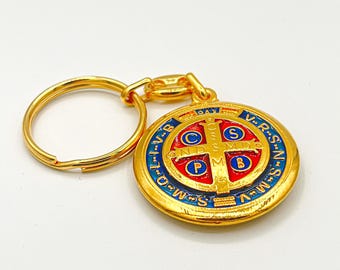 St. Benedict Medal Pendant Keychain Gold 35mm Round Saint Benedict Medal Catholic Protection Charm Religious Gift