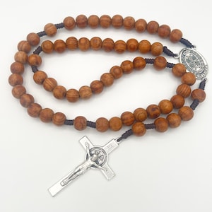 St Saint Benedict Rosary Chaplet 13mm Olive Wood Beads Large 30&quot; Necklace Catholic Prayer Rosary San Benito Big Cross Centerpiece