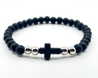 Black Cross Stretch Bracelet Matte Black Beads Stainless Steel Catholic Gift Men Women