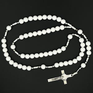 All White Rosary Necklace Chaplet St Benedict Cross Pendant Prayer Beads