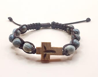 Olive Wood Cross Pendant With Job's Tears Beads Catholic Bracelet