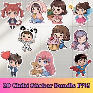 Chibi Sticker Bundle PNG | 20 Cute Kawaii Characters | Digital Download Clipart | 20 Cute PNG Stickers | Kawaii Kids & Couple | 4096x4096