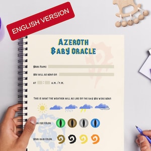 May include: Spiral-bound notebook titled "Azeroth Baby Oracle" with fill-in-the-blank sections for name, birthdate, and time. Includes weather and eye/hair color charts. A red banner reads "English Version".