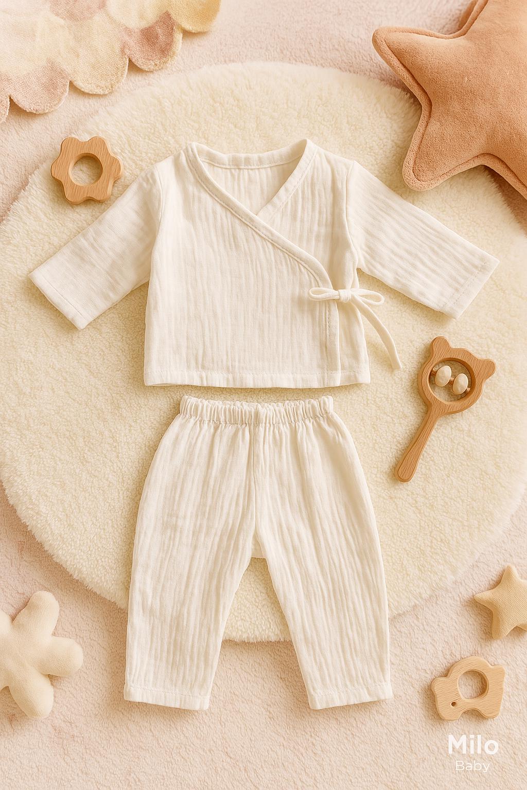 Organic Cotton Baby Kimono Set | Muslin 2-Piece Newborn Outfit | Soft Wrap Top & Trousers | Milo Baby UK