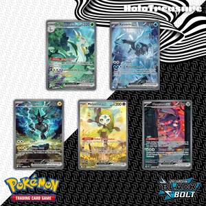 May include: Five Pokémon trading cards featuring various characters. The cards include Serperior ex, Kyurem ex, Zekrom ex, Meloetta ex, and Genesect ex. The Pokémon Trading Card Game logo is visible, along with the Scarlet & Violet Black Bolt logo.