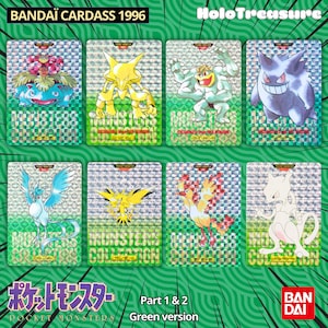 Può includere: Una collezione di otto carte collezionabili Pokémon olografiche della serie Bandai Carddass 1996. Le carte presentano vari personaggi Pokémon con il testo "MONSTERS COLLECTION" e testo giapponese. Lo sfondo è un design verde.