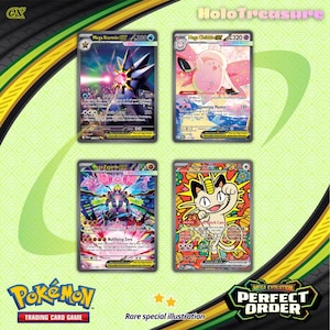 May include: Four Pokémon trading cards showcasing Mega Starmie, Mega Clefable, Mega Zygarde, and Meowth. The cards display vibrant illustrations and text, with the Pokémon logo and "Perfect Order" branding. The text "Rare special illustration" is also present.