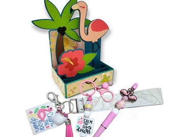 Petite Flamingo BEACH LUGGAGE Pop-Up Box Card | Beaded Pen | Cup Cozy| Wristlet | Key Chain | Purse Fob | Handmade Blank 3D Popup Cards