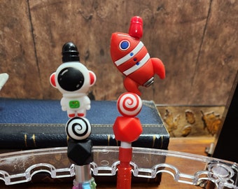 GORGEOUS Beaded Pen and Pencil Astronaut and Rocket FatCatDesigns