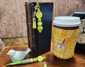 GORGEOUS  GIFT Set | Beaded Metal Lemon Bookmark, Pen and Cup Cozy | Hot Cold Drinks | Glamorous FatCatDesigns