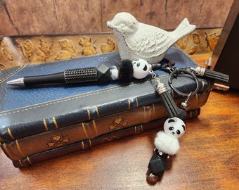 Handmade PANDA Bear Beaded Pen and Key Chain / Purse Fob Set FREE SHIPPING FatCatDesigns