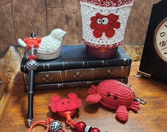 AMAZING Crab GIFT Set | Beaded Metal Pen | Cup Cozy | Badge Reel | Purse Fob | Key Chain | Hot Cold Drinks | Glamorous FatCatDesigns