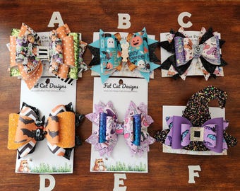Handmade Faux Leather Hair Bows - HALLOWEEN - Clips- Barrettes- Vegan Leather-  by FatCatDesigns