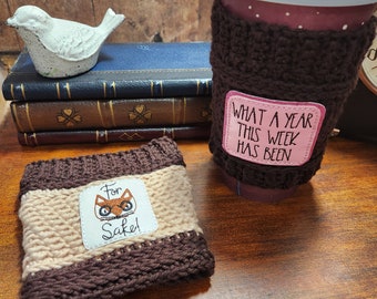 FUNNY Cup Cozies | Hot and Cold Coffee Cup Cozy Cozie| Cup Sleeve | Crochet Tumbler Reusable Sleeve | FatCat Designs