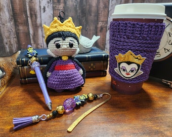 AMAZING Evil Queen GIFT Set | Beaded Metal Fairy Tale Pen, Cup Cozy Bookmark and Purse Fob | Hot Cold Drinks | Glamorous FatCatDesigns