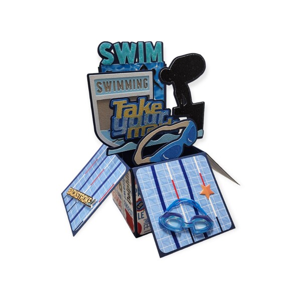 SWIMMING 3D Pop-Up Box Card, Handmade Blank  3D  Cards