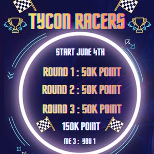 Könnte beinhalten: Eine digitale Grafik mit dem Titel TYCON RACERS in Neon-Optik. Sie zeigt einen Zeitplan ab dem 4. Juni mit drei Runden zu je 50K Punkten, einer Gesamtsumme von 150K Punkten und einem Punktestand von ME 3 : YOU 1, umrahmt von Zielflaggen und Pokalen.