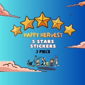 K&ouml;nnte beinhalten: Ein Set aus drei Aufklebern mit Looney Tunes-Figuren wie Daffy Duck, Road Runner, Porky Pig, Sylvester, Tweety, Elmer Fudd und Bugs Bunny. Der Text lautet HAPPY HERVEST 5 STARS STICKERS 3 PIECE vor einem blauen Himmelshintergrund.