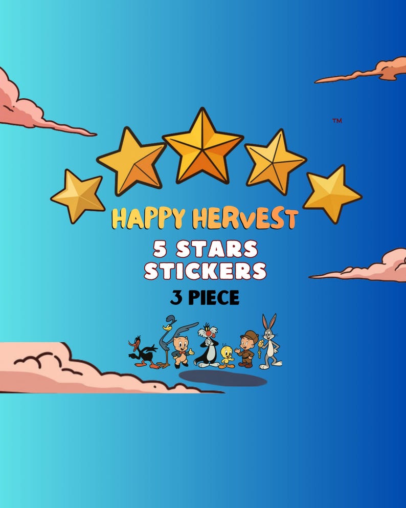 K&ouml;nnte beinhalten: Ein Set aus drei Aufklebern mit Looney Tunes-Figuren wie Daffy Duck, Road Runner, Porky Pig, Sylvester, Tweety, Elmer Fudd und Bugs Bunny. Der Text lautet HAPPY HERVEST 5 STARS STICKERS 3 PIECE vor einem blauen Himmelshintergrund.