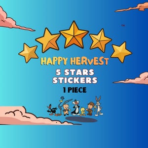 Pode incluir: Uma folha de autocolantes com cinco estrelas douradas e o texto HAPPY HERVEST 5 STARS STICKERS 1 PIECE. Abaixo do texto estão personagens de desenhos animados, incluindo Daffy Duck, Road Runner, Porky Pig, Sylvester, Tweety, Elmer Fudd e Bugs Bunny.