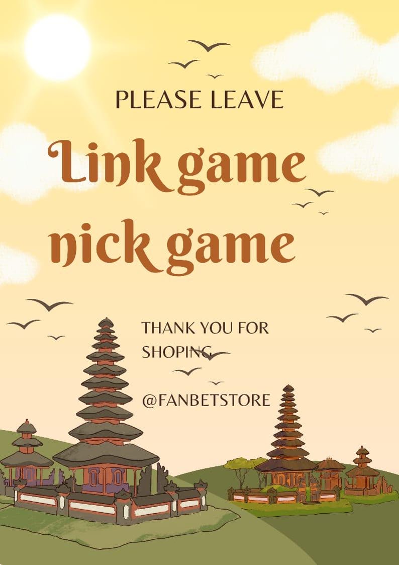 K&ouml;nnte beinhalten: Eine digitale Illustration mit gestuften Pagoden in einer Landschaft mit gelbem Himmel, Sonne und V&ouml;geln. Der Text lautet: PLEASE LEAVE Link game nick game THANK YOU FOR SHOPING @FANBETSTORE. Die Szene zeigt gr&uuml;ne H&uuml;gel und traditionelle Bauten.