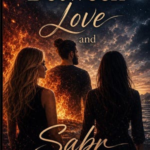 Op de afbeelding: Een boekomslag met de titel Between Love and Sabr: A Journey Through Heartbreak, Healing & Hope door S. J. De omslag toont drie figuren voor een achtergrond van vuur en een nachtelijke hemel met een maansikkel boven een donkere zee.